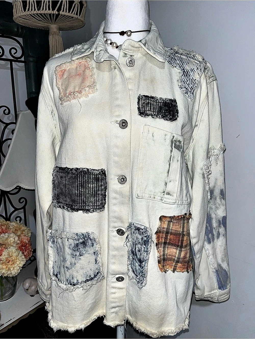 POL Distressed Patchwork Denim Jacket